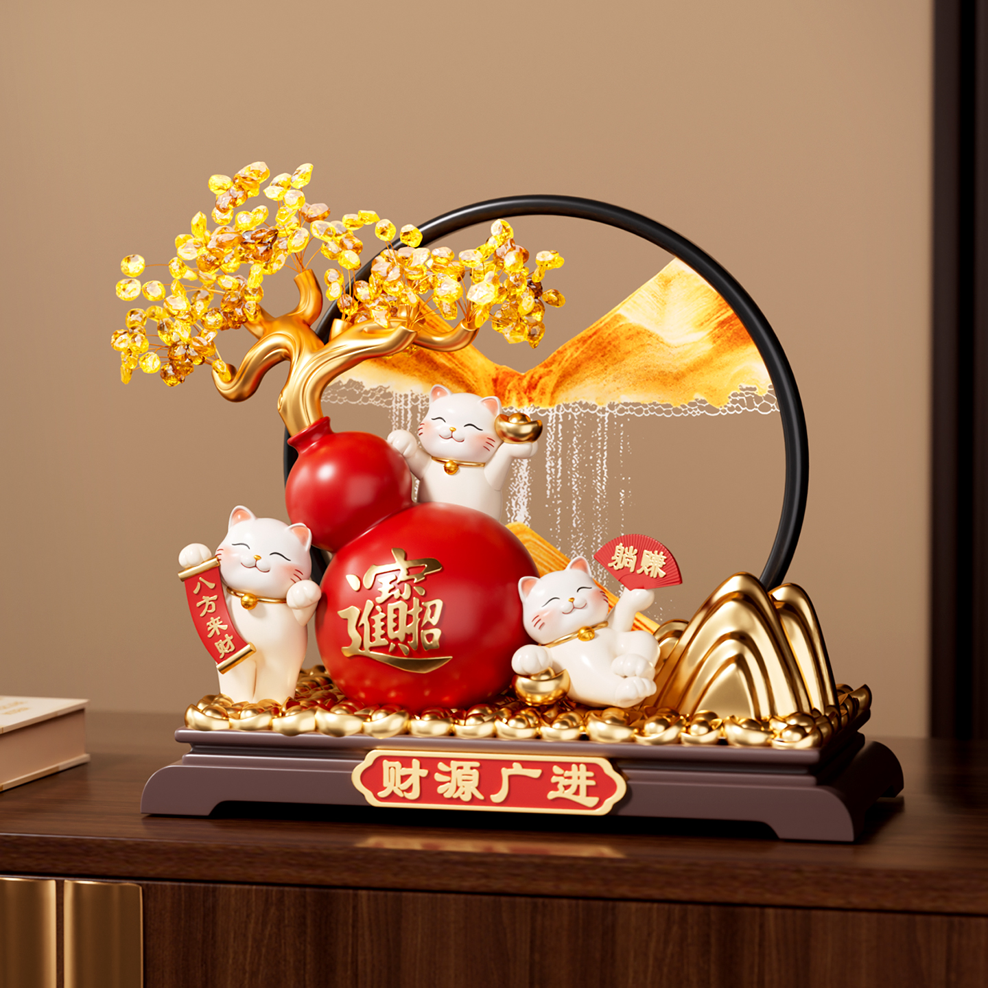 水晶发财树流沙画招财猫摆件