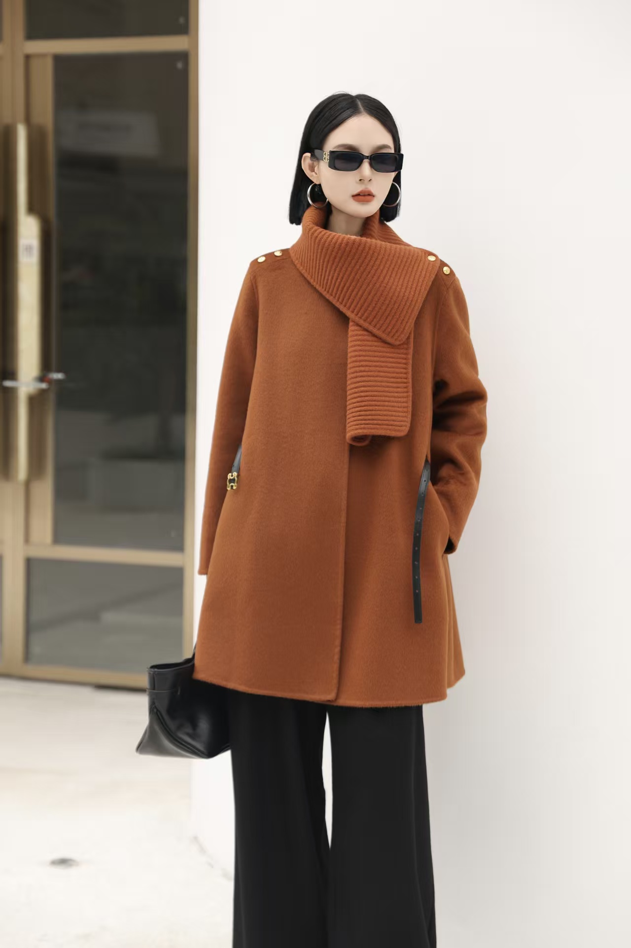 可脱卸披肩斗篷格子双面羊绒大衣女中长款韩系宽松气质羊毛呢外套