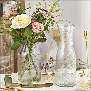 复古浮雕玻璃透明花瓶北欧风插花鲜花干花玫瑰客厅装 ins风法式 饰