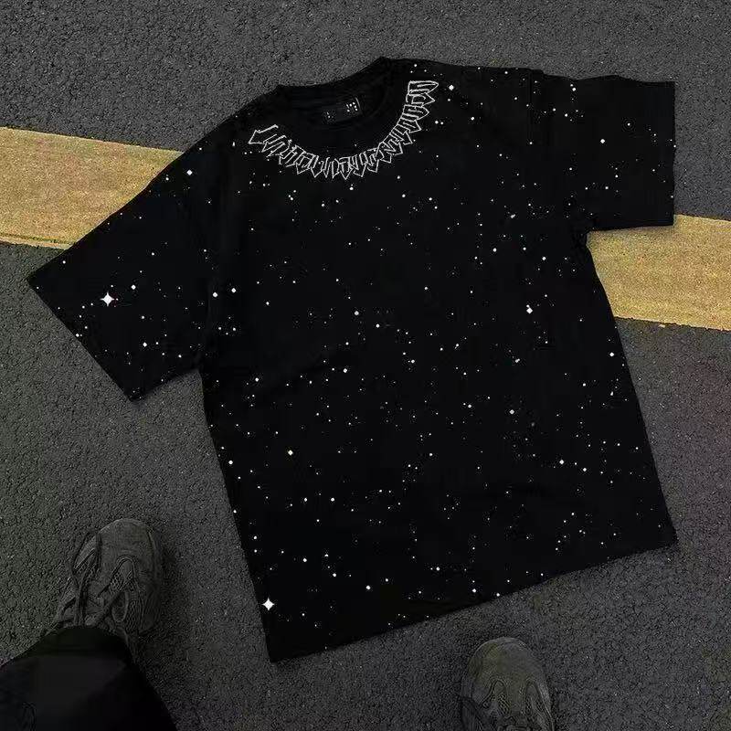 美式满天星重磅复古纯棉短袖T恤男轻奢印花仿刺绣高街夏季潮牌ins图片