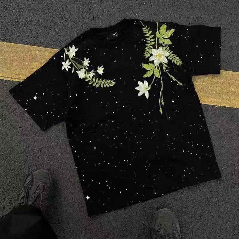 国潮满天星重磅复古纯棉短袖T恤男轻奢仿刺绣印花高街夏季潮牌ins
