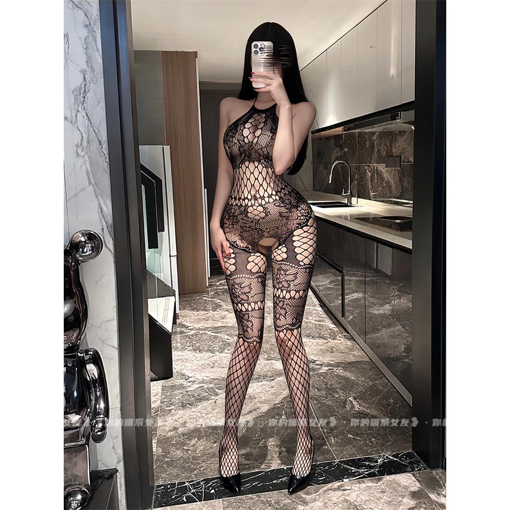 黑丝纯欲镂空开档连体渔网袜