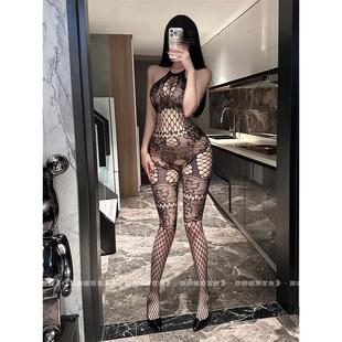 新款提花网衣连身渔网袜纯欲镂空开档黑丝连体衣女