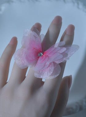 立体粉红蝴蝶开口戒指汉服甜美新中式国风复古风宫廷舞蹈跳舞仙女