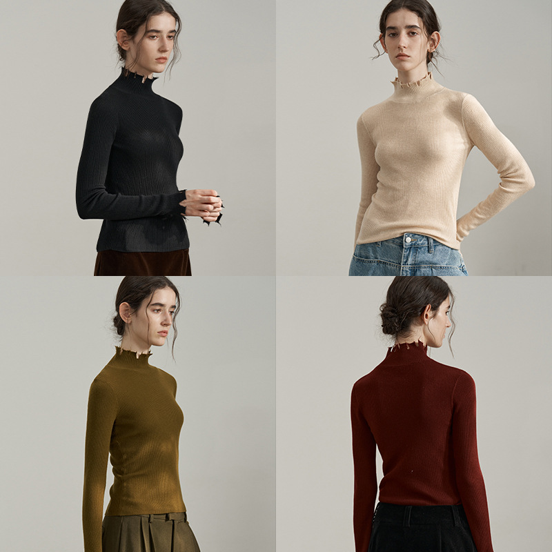 Textile Song甜颂流苏毛边半高领毛衣女叠穿打底针织衫气质上衣