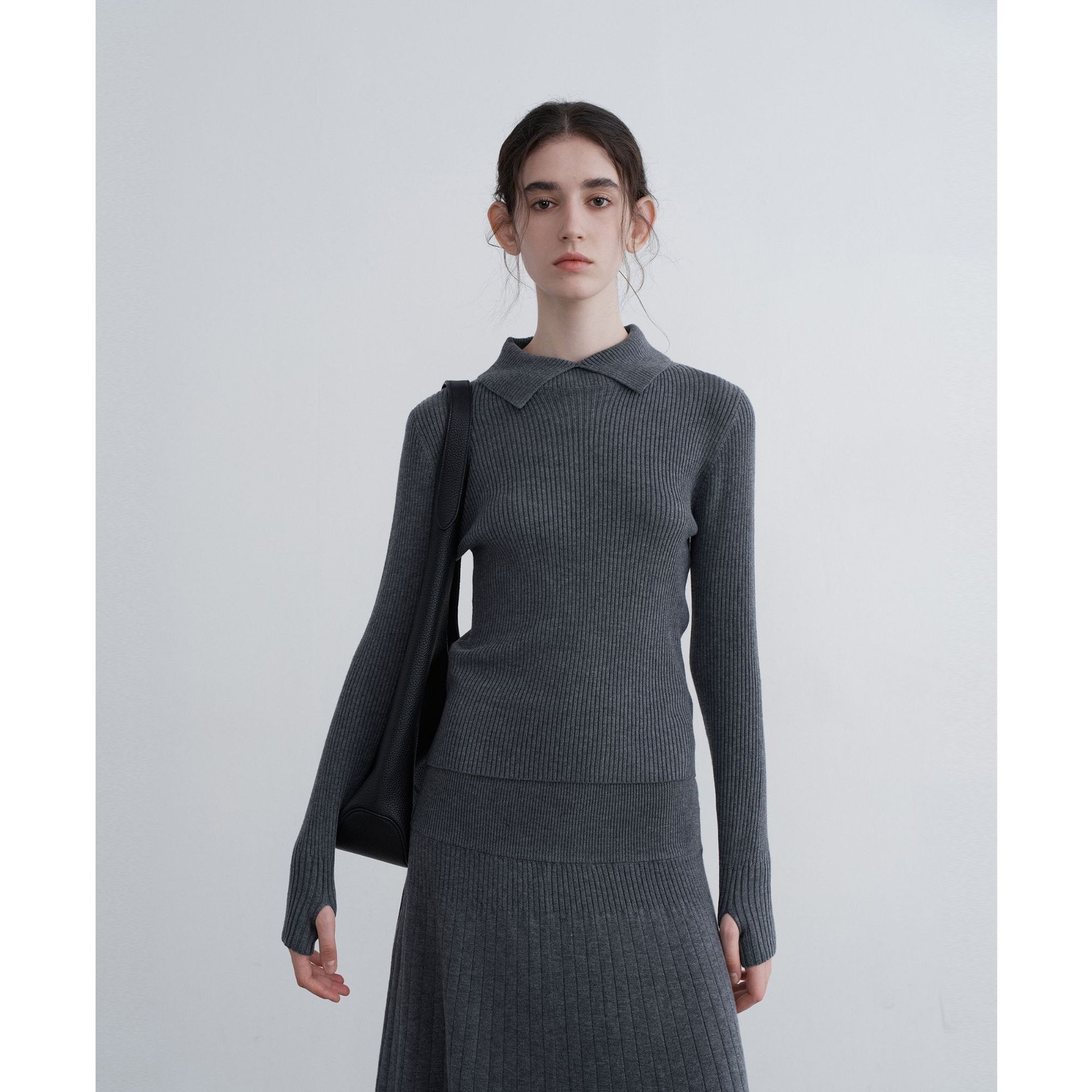 Textile Song高级感灰色羊毛针织衫女初冬修身显瘦内搭打底衫毛衣