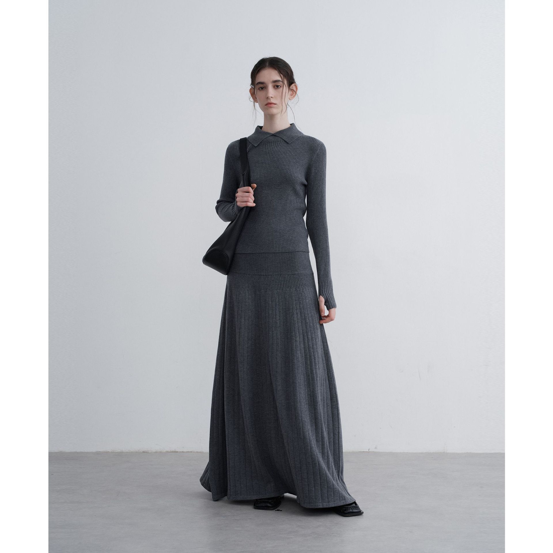 Textile Song高级感灰色羊毛针织半身裙女初冬遮胯大裙摆厚长裙子