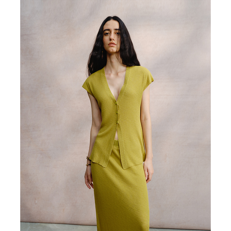 竹节V领针织衫纯色简约短袖上衣