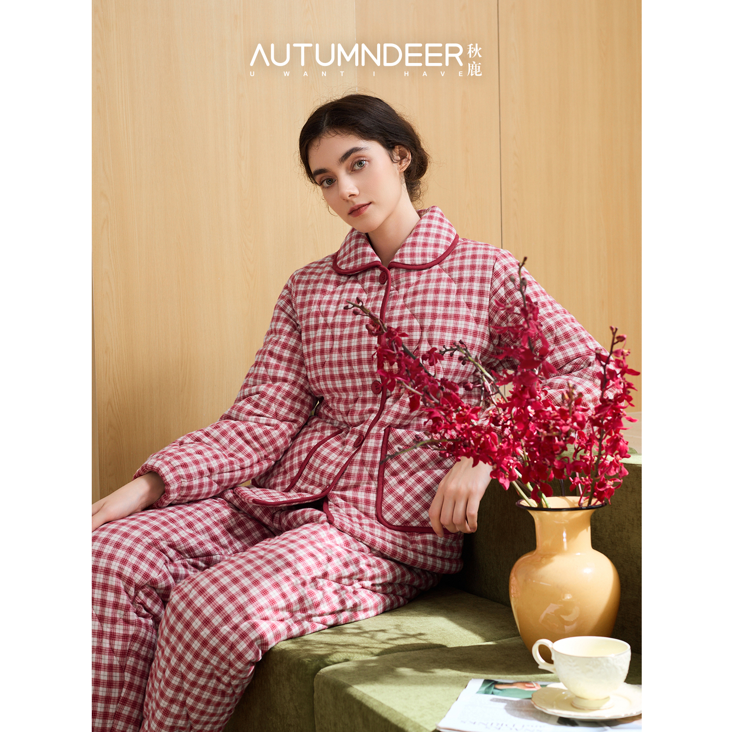 秋鹿女织格三层夹棉保暖家居服