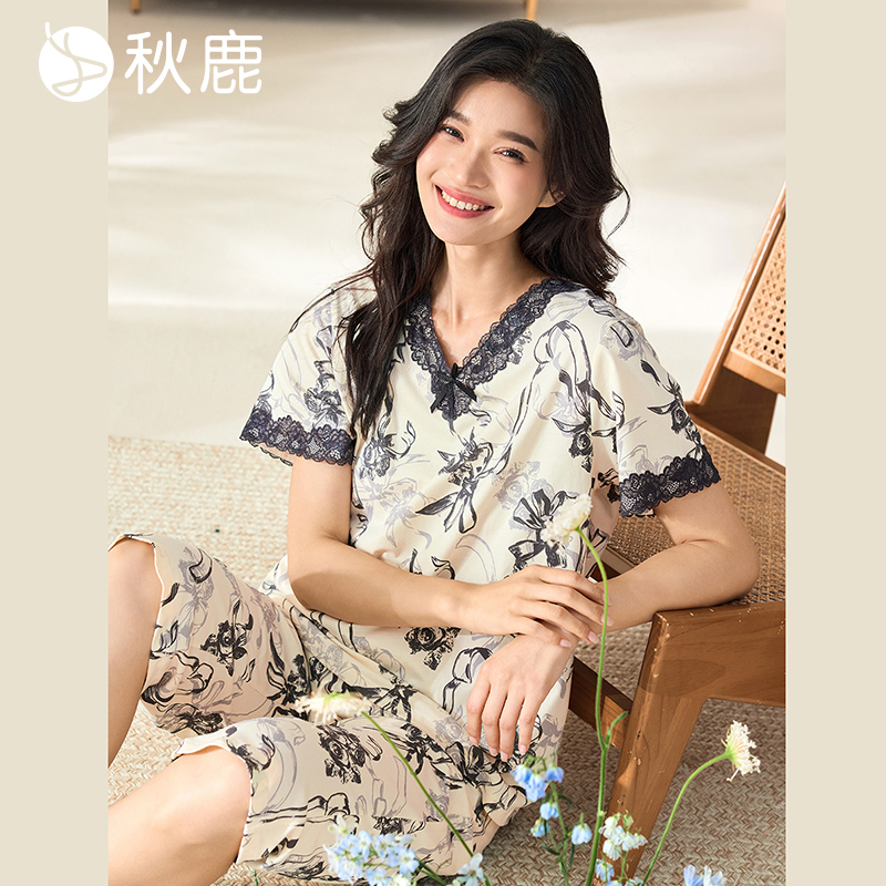 秋鹿女士睡衣夏季纯棉优雅蕾丝花边V领碎花短袖七分裤家居服套装