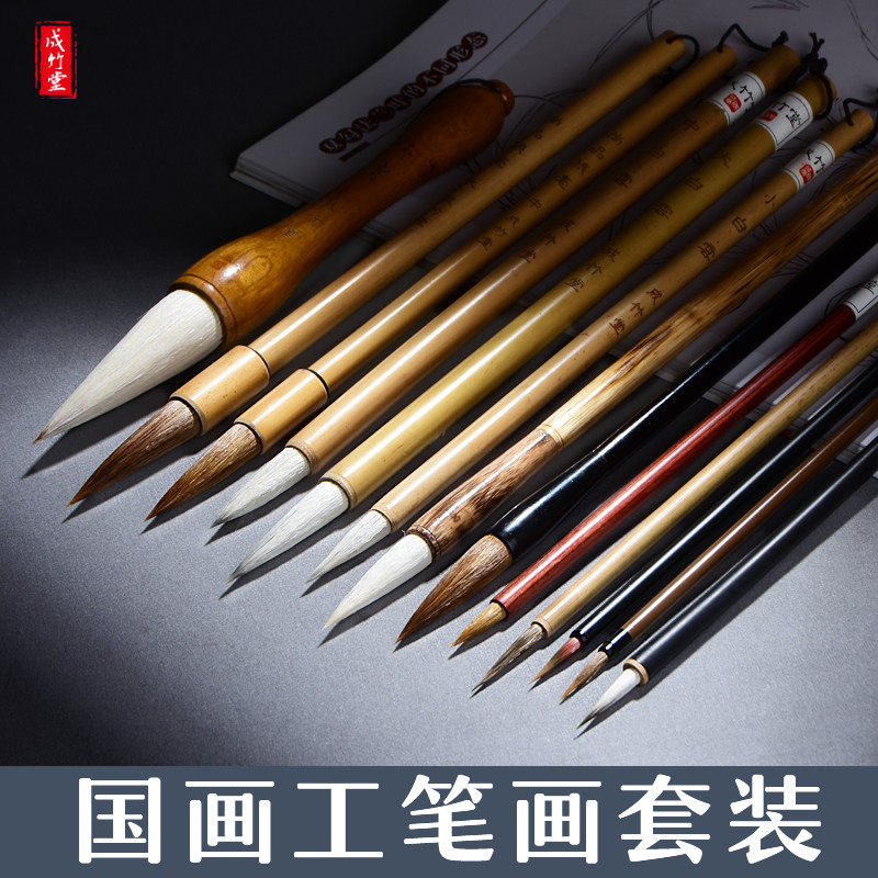成竹堂国画毛笔套装专业级全套专用初学者山水画写意手绘白云大中小中国画颜料入门12色小学生工具工笔画勾线