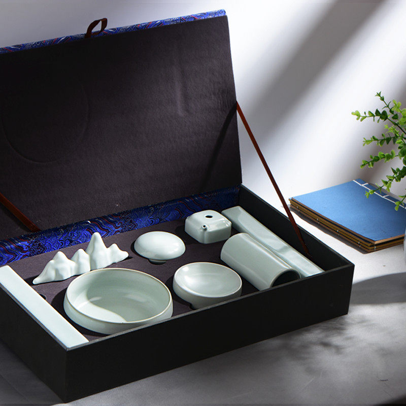成竹堂文房四宝精品套装高档礼盒品笔墨纸砚汝窑陶瓷笔洗八件套笔搁笔筒砚台带盖印泥中国风创意文房四宝摆件