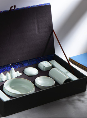 成竹堂文房四宝精品套装高档礼盒品笔墨纸砚汝窑陶瓷笔洗八件套笔搁笔筒砚台带盖印泥中国风创意文房四宝摆件