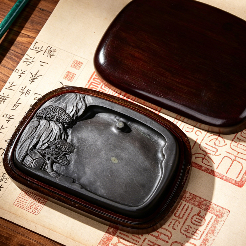 梅花坑原石孤品端砚手工山水浮雕砚台带天然石眼文房四宝书法专用墨砚收藏送礼研墨磨墨砚台成人国画高档文玩