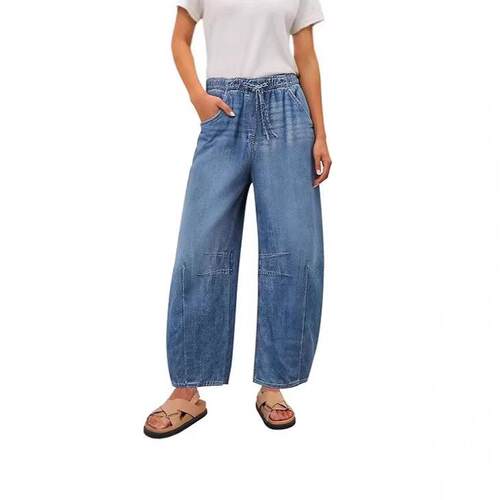 Women Wide Leg Drawstring Denim Barrel Jeans High Waisted