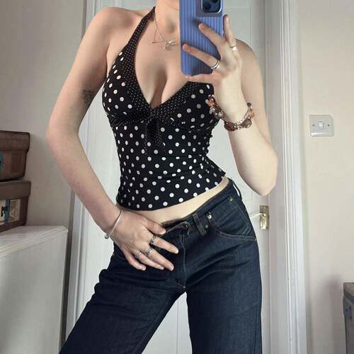 Women'S Sexy Polka Dot Backless Fitted Short Tank Top Pure