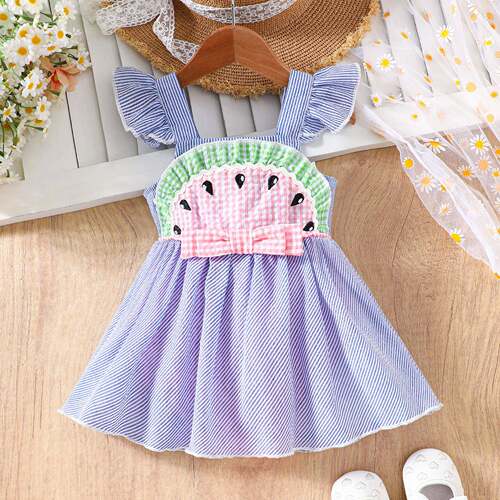 Baby Girls Striped Lemon Watermelon Ruffles Romper Dress