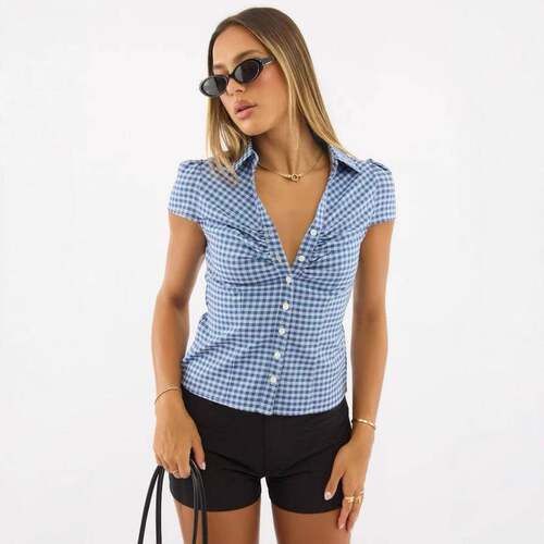 Trendy Plaid Shirt For Women Elegant Short-Sleeved
