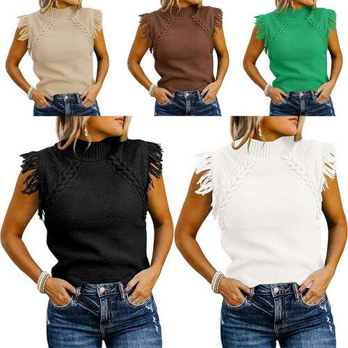 Womens Sleeveless Sweater Vest Mock Neck Cable Knit Fringe