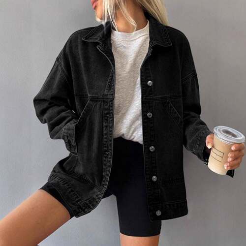 Womens Washed Light Blue Loose Denim Jacket Loose-Fit Lapel