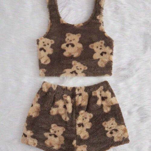 Women'S Bear Print Halter Top And Shorts Pajama Set Fitted