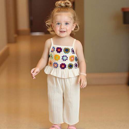 Toddler Girls Two Piece Outfits Crocheted Flowers Fruit