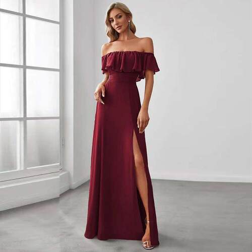 2026 Spring Dress Chic Ruffle Off-Shoulder Chiffon Maxi Gown