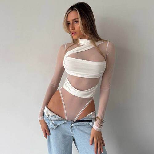 Women'S Solid Color Mesh Patchwork Transparent Slim Fit Long