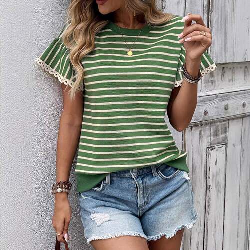 2026 Spring/Summer Women'S Casual Striped Ruffle Sleeve Top