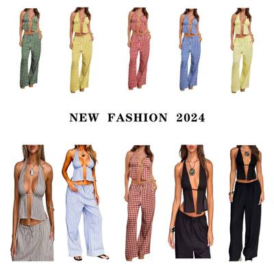 Women Summer Pants Outfits Stripe Tie-Up Halter Neck F