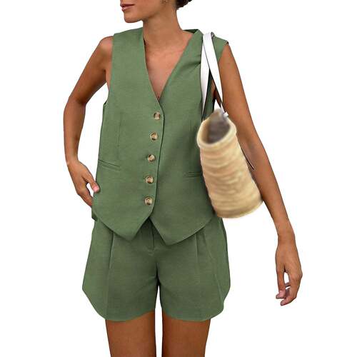 Women'S Summerwear Sleeveless V Neck Button Down 2-Piece