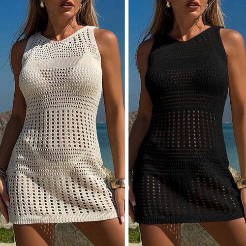 Women'S Solid Hollow Out Sheer Round Neck Beach Swimsuit