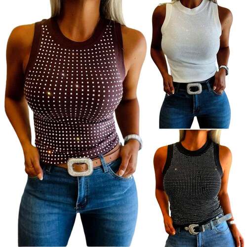 Women'S Rhinestone Decor O-Neck Sleeveless Tee Slim Fit
