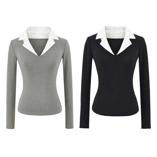 Women'S Autumn Colorblock V-Neck Long Sleeve Top Minimalist