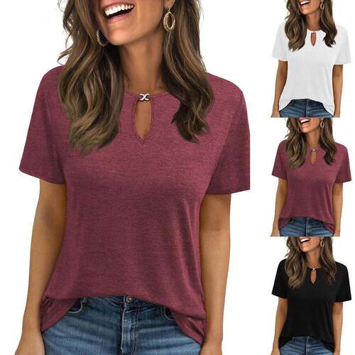 Women’S Short Sleeve T-Shirt Keyhole Neck Cute Basic Tee –