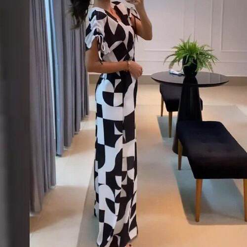 Women'S Geometric Print V-Neck Short Sleeve Zipper Jumpsuit