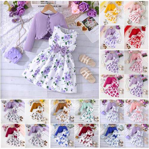 Little Girl Summer Dress Set Floral Print Round Neck Bow