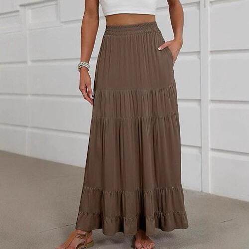 Womens Maxi Skirt Elastic High Waist Swing Tiered A-Line
