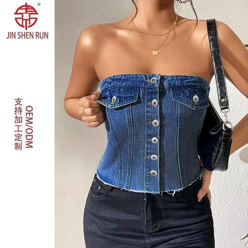 Elastic-Wrapped Denim Button-Down Top, Casual Daily Wear