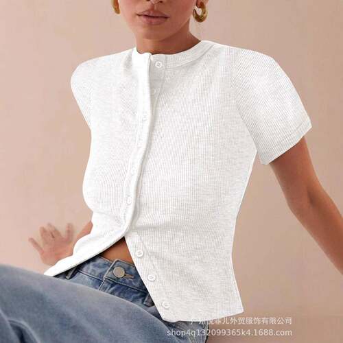 Women'S Short Sleeve Button Front Ribbed Tee Casual Basic
