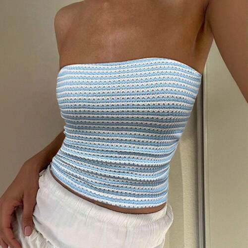 Women'S Striped Print Knitted Tube Short Top Casual Cropped