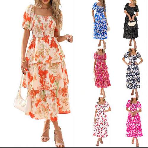 Women'S Square Neck Smocked Dress With Puff Short Sleeve