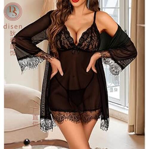 Women Lingerie 3 Piece Set Lace Kimono Robe With Sleepwear