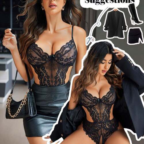Women'S Floral Lace Bodysuit V-Neck Cut Out One Piece