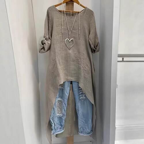 Women'S Irregular Long Sleeve Shirt Blouse Round Neck Loose
