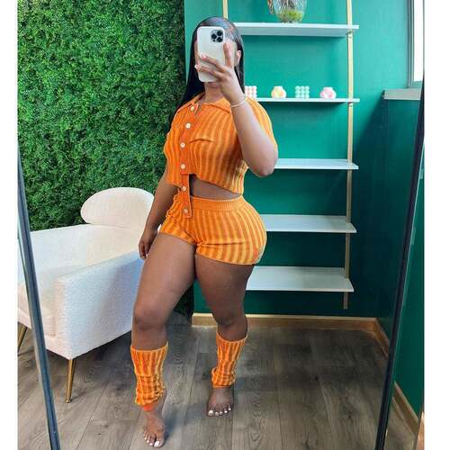 Striped Single-Breasted Tops Shorts Set Long Sleeve Comfort