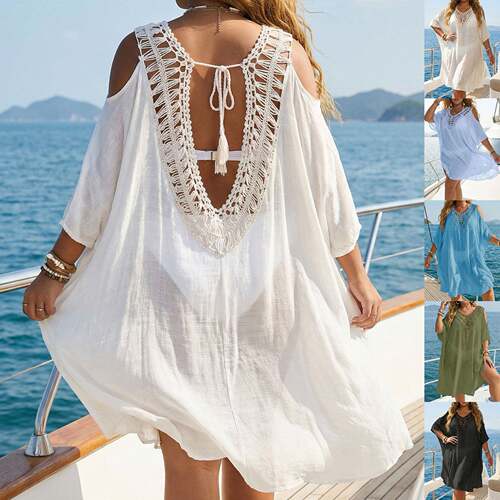 Women'S Casual Loose-Fit Beach Cover-Up Dress Summer Woven