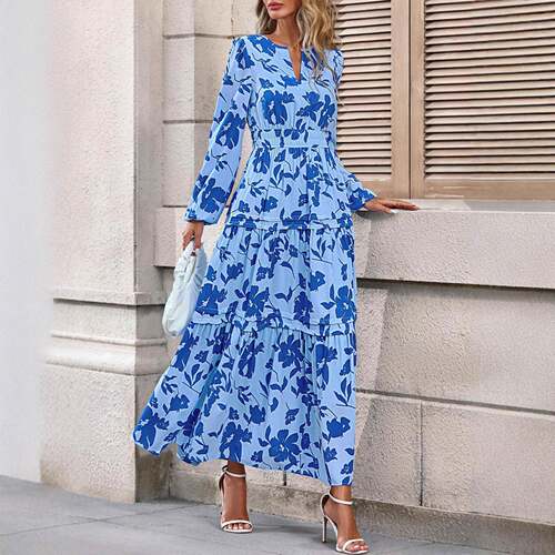 Women Maxi Dress Fall Fashion 2026 Floral Long Sleeve V Neck