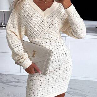 2026 Women V Neck Knit Sweater Dress Pullover Hollow Out
