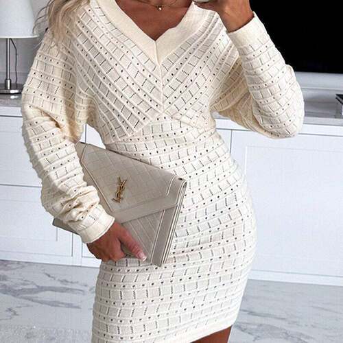 2026 Women V Neck Knit Sweater Dress Pullover Hollow Out